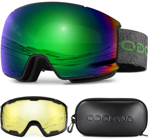 Odoland Ski Goggles Set with Detachable Lens, Interchangeable Lens, Anti-Fog UV Protection Snow Goggles for Men and Women, Helmet Compatible, Black Frame Golden Lens vlt 13%