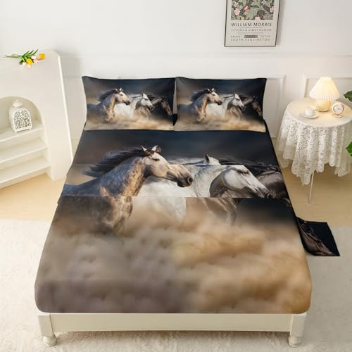 QOOMO Horse Sheet Set - 4 Piece Twin Size Bed Sheets for Boys/Girls/Kids/Teens - 16 Deep Pocket, 1 Fitted Sheet, 1 Flat Sheet, 2 Pillowcases - Galloping Horse Pattern