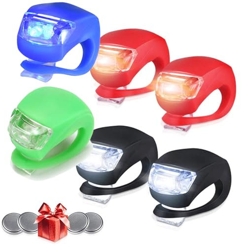 6 PZ Luci della bicicletta anteriore, Silicone LED Bike Light Set, nero faro della bici e rosso fanale posteriore 1 (2 rosso & 2 bianco & 1 verde & 1 blu)-Multi-Purpose Impermeabile