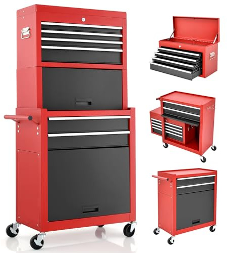 GiantexUK Tool Cabinet (with Middle Toolbox, Black+Red) | 2 in 1 Lockable Heavy-duty Rolling Tool Chest Box Trolley with Removable Top Cabinet, Wheels, 5/6 Drawers, Pegboard & Hooks