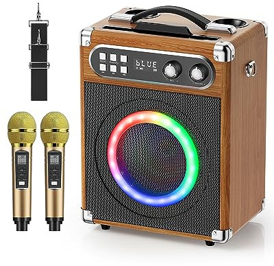 Trsaow Máquina de Karaoke Portátil, Karaoke Profesional con 2 Micrófonos Inalámbricos UHF, Sistema PA con Lámpara DJ, Ideal para Karaoke Familiar, Fiestas de Canto, Fiestas, Bodas(Madera)