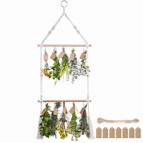 PROTITOUS Kräuter-Abtropfgestell mit 2 Ebenen, Blumen-Trockner, mit 25 braunen Geschenkanhängern und 9,8 m natürlicher Jute-Schnur, Kräutertrockner, Hängender Kräutertrockner, elfenbeinfarben