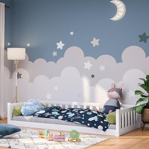 Bellabino Kinderbett Mura 90x200 cm, Montessori Bodenbett inkl. Lattenrost ohne Rausfallschutz, Bett Kiefer Massivholz weiß