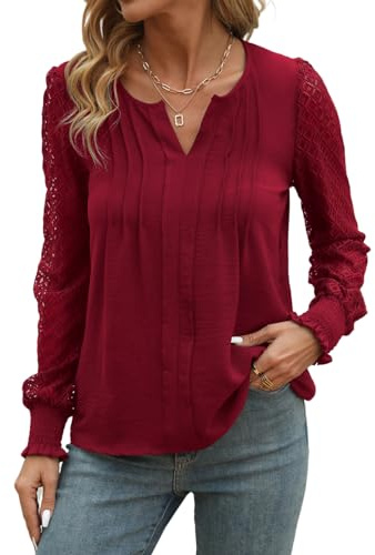 YUTILA Damblusar med V-hals, långa spetsärmar, veckad framsida, chic elegant skjortblus, tunika toppar, Vinered-a, L
