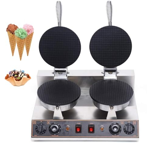 DXDRT Commercial Waffle Cone Maker, 1200W + 1200W Electric Double-Head Ice Cream Cone Waffle Maker Machine, Stainless Steel Non-stick Egg Roll Making Machine for Restaurant Dessert Shop Home