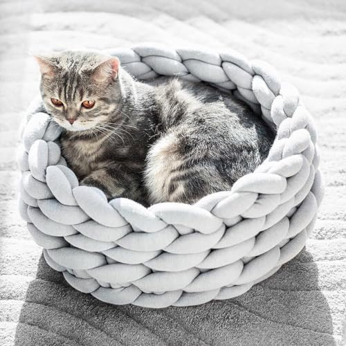 BURLOE Katzenkorb Katzenbett Gewebtes, ​Katzenbett Katzenkörbchen Klein Hundebett Wärmt Nest Haustier Schlafsack Für Katzen Und Kleine Hunde Zum Schlafen,Grau,45cm