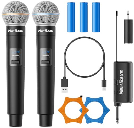Wireless Microphone, Rechargeable Dual Cordless Handheld Dynamic Wireless Mics,NEWBAXS Karaoke Microphones with 1/4'' Output for Karaoke, Meeting, Singing, Church, Wedding