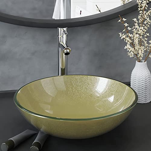 JUDYY Badezimmer Waschbecken mit Wasserhahn und Ablaufgarnitur Gold gehärtetes Glas, Aufsatzwaschbecken, Waschtisch, Aufsatzwaschtisch, Wash Basin, Badmöbel, Bathroom Sink 3098459
