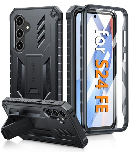 FNTCASE Skal för Samsung Galaxy S24-FE, militärklassat, fallsäkert mobilskal med stativ, matt, texturerad, robust och stötsäker TPU, skyddande robust mobilskal, svart