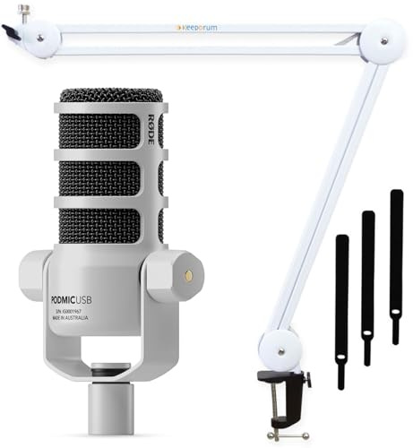 Rode Podmic USB XLR Dynamisches Sprecher-Mikrofon Weiss mit keepdrum MS138WH Gelenkarm-Stativ Weiss