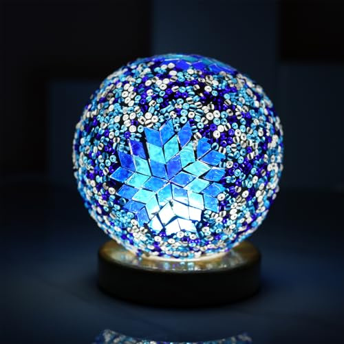 Turkish Table lamp (D:4.7 x H:5.2),Mosaic Glass Lamps with Wooden Base, Bohemian Tiffany Bedside Lamps, USB Power Moroccan Lantern for Living Room Halloween Decorations (Boho - Sky Blue, Boho)