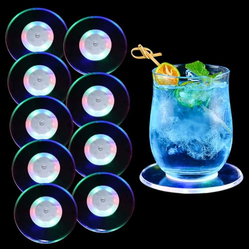 LED Untersetzer, 9 Stück Leuchtende Acryl Untersetzer für Gläser und Weinflaschen - Wasserdicht, Geeignet für Partys, Bars, Bankette