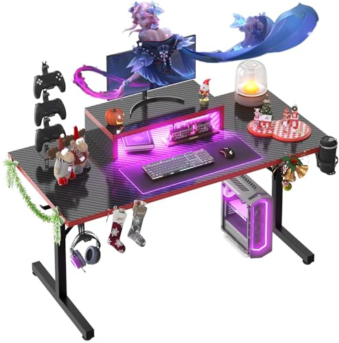 Devoko 140x60cm LED Mesa Escritorio Gaming de Juego con Soporte de Monitor con Portavasos y Gancho para Auriculares, Diseño de Marco En T con Revestimiento de Fibra de Carbono Ergonómicas Negro