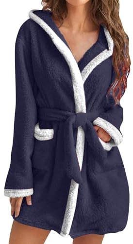 Robe de chambre chaude et confortable pour femme | Peignoir court moelleux pour femme - Vêtement de nuit avec poches et ceinture - Robe à capuche légère - Peignoirs de bain en flanelle, bleu marine, L