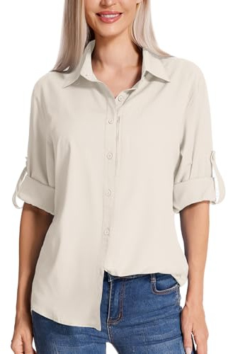 mosingle Women's Safari Shirt Sun Protection Fishing Shirts Quick Dry Lightweight Long Sleeve Travel Blouses for Women Hiking Camping #5019-Light Khaki-M