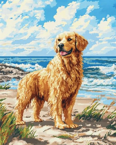 AYAOYANGGO 11CT Kreuzstich Set Stickset „Golden Retriever Am Strand“，Kreuzstichset Mit Hunden Und Tieren Für Erwachsene，Mit Nadeln，Schereneinfädler，Vordruck Für Die Wanddekoration Zu Hause 40x50cm