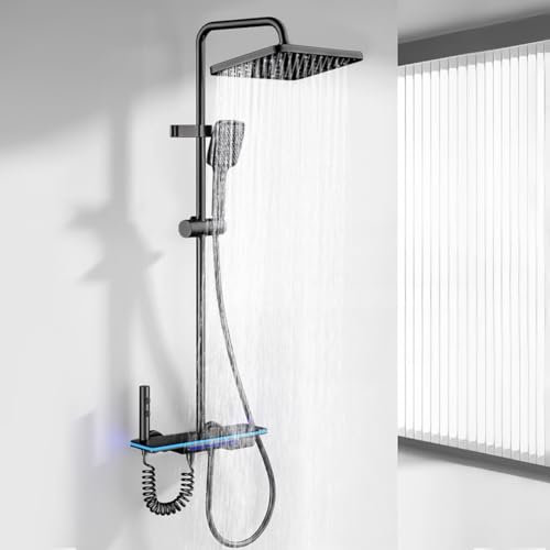YJYAJIE Columna de Ducha, Sistema de Ducha con 31x20cm Ducha de lluvia, caño de bañera oculto, pantalla LED Digital, ducha de mano de altura ajustable para Cuarto de baño