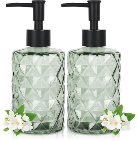 2 Pcs Glass Soap Dispenser with Pump, 11 Oz/330 ml Washing up Liquid Dispenser, BPA Free Refillable Non-slip Pump Bottle for Shampoo, Shower Gel in Bathroom, Countertop, Kitchen, Laundry Room, Hotel