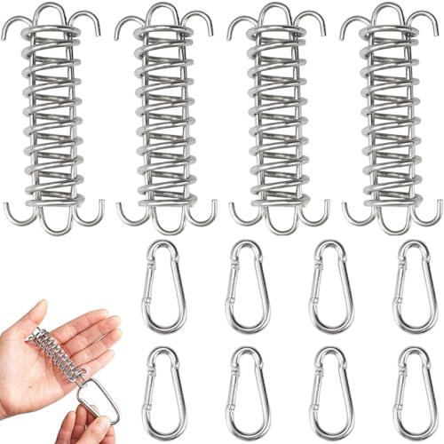 ARTGUTS 4 Stück Spannfeder Sonnensegel mit 8 Karabinern, Edelstahl Befestigungs Frühling Schnalle Set Zubehör,Seilspanner Zugfedern mit Haken, Zur Fest Montage Campingzelt Markise Zubehör
