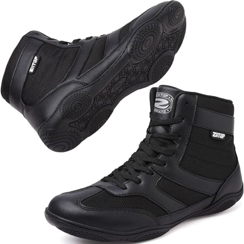 ziitop Wrestling Shoes Men Boxing Shoe for Mens Weightlifting Powerlifting Deadlift Squatting High Top Fitness Zero Drop Black