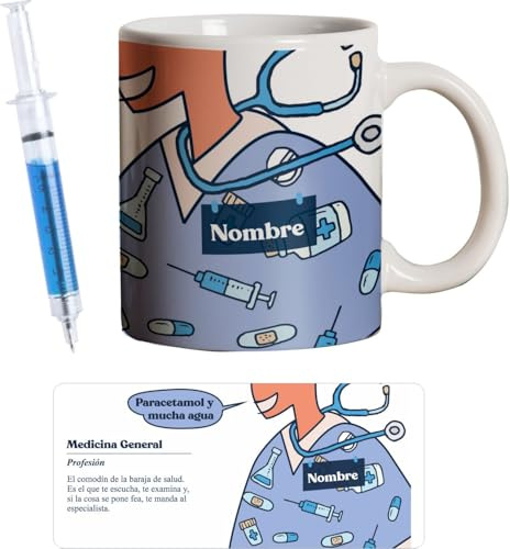 PROMO SHOP - Taza Original Personalizada con Nombre, Pack Regalo con Bolígrafo Jeringuilla (No Personalizado), Tazas de Regalo de Medicina, Tazas Profesiones de Salud, Taza de Desayuno, Diseño Único