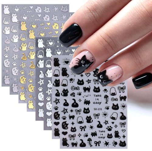 CHarmeFleur Katzen Nagel Sticker 8 Blätter Niedliche 3D Selbstklebende Gold Silber Schwarz Weiß Katzen Design Aufkleber Für Kinder Mädchen Frauen DIY Nagel