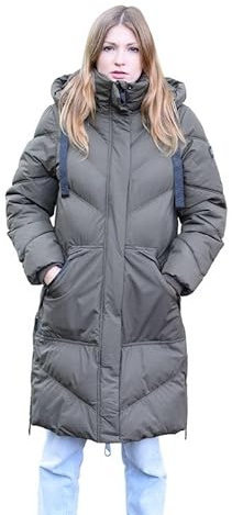 Spindle Womens Mid Length Padded Coat Pocket Quilted Puffer Jacket with Hood Olive S