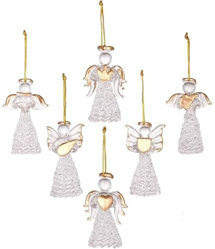 Glas Engel Christbaumschmuck Set, Transparent mit Goldakzenten, 6 Stück | Weihnachtsbaum Anhänger, Handgefertigte Glasornamente für Festliche Dekoration