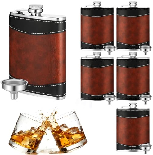 6 Pcs 8 oz Leather Hip Flasks for Liquor Leather Wrapped 8oz Heavy Duty Hip Flask with Funnel, Leak Proof Stainless Steel Drinking Flasks Bulk, Soft Wrap Whiskey Flask for Men Father Wedding