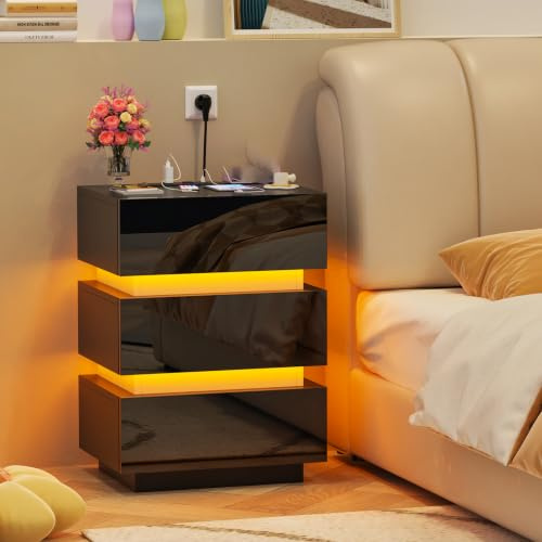 Ysgwsg Table de Nuit, Table de Chevet LED avec 3 Tiroirs, Table de Chevet avec Prise, 2 Prises CA, 2 Ports USB, Moderne, Table de Nuit Noir pour Chambre à Coucher ou Salon. (Noir, 62x35x45cm)