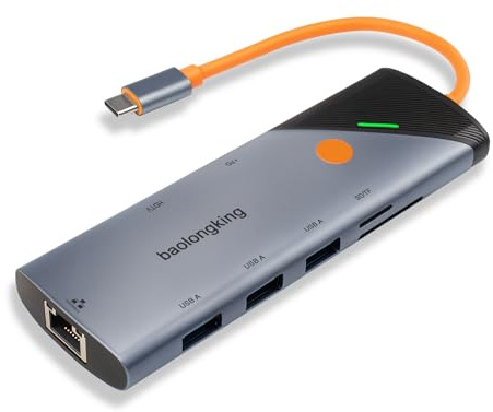 USB C 8-in-1 hub with 4K HDMI, Gigabit Ethernet, and three USB-A data ports. Supports PD 90W fast charging, built-in SD/TF card, compatible with MacBook, HP, iPad, Surface and other devices