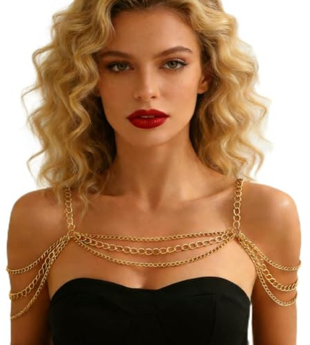 CRAFTYMELODY Gold Punk Multi-layered Shoulder Chain Aluminium Kinked Chain Multilayer Tassel Necklace Shoulder Body Chains Back Chains Belts Jewelry for Women Festival Costume Accessory