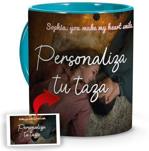 Taza Personalizada con Foto y Texto. Personalizar Taza con Nombre y Foto. Regalo de Cumpleaños Único. Tazas Especiales para el Día de la Madre. Regalo para Madre Primeriza. Interior y Asa Azul Claro