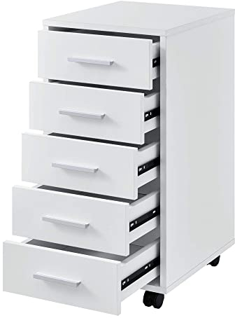 [en.casa] Rollcontainer mit 5 Schubladen Rollschrank Rollwagen 63x33x38cm Schubladencontainer Bürocontainer Weiß