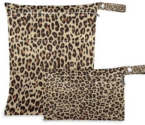 JUMBEAR Brown Leopard Print Wet Dry Bags Sets Waterproof Reusable Travel Beach Baby Cloth Diaper Wet Dry Bags Organizer with Two Zippered Pockets for Swimsuit and Gym 2PCS