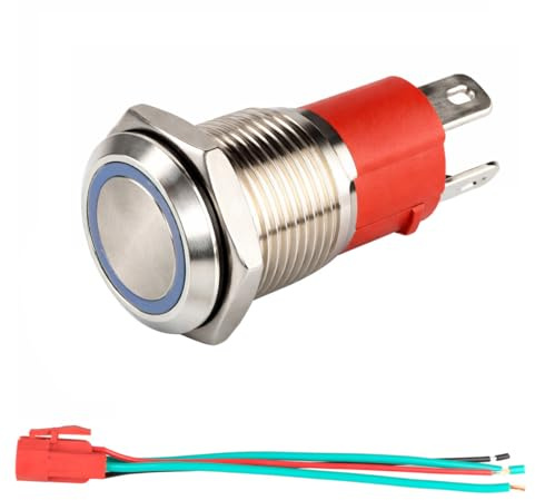 GUUZI 220V-230V/15A Pulsador Momentáneo NO Luz LED Blanca Impermeable Pulsador de Arranque de Metal Iluminado de 16mm con Cable de Enchufe