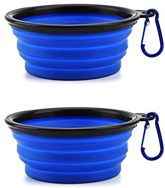 Cuenco plegable de silicona de viaje, 350 ml, paquete de dos unidades, cuenco portátil para alimentos y bebidas con gancho para perros y gatos (azul)