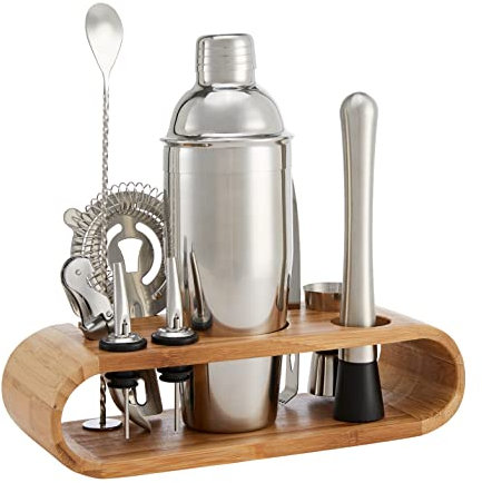 Amazon Basics Barbesteck-Set, Edelstahl, mit Ständer aus Bambus, 10 Stück