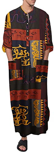 PDYLZWZY Herren Langarm Button Down Kaftan Kaftan Muslim Robe Seite Split Kaftan Thobe mit Taschen Langes Kleid Casual Shirt (Brown, 5XL)