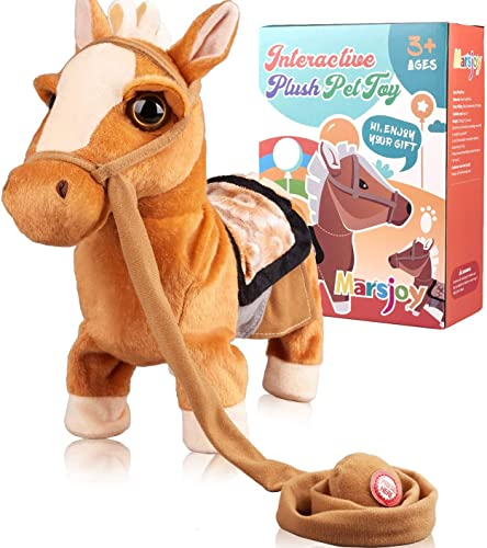 Marsjoy Braun Plüschtier Interaktives Pony Spielzeug Pferd der Läuft und Bellt, Kinder Mädchen Spielzeug, Elektronisches Haustier Plüschtier mit Gehen, Bellen Singen Funktion Lauf- und Soundfunktion