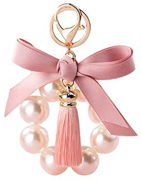 Schleife Knoten Perle Schlüsselanhänger Quaste Auto Schlüsselbund Kristall Taschenanhänger für Schlüssel Handtasche Dekoration Taschen Geldbörse Rucksack Anhänger Zubehör für Damen,Rosa#2