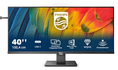 Philips 40B1U5600-40 Zoll WQHD Monitor, Adaptive Sync, Altoparlanti, Regolazione altezza, HDR400 (3440x1440, 100 Hz, HDMI, DisplayPort, USB-C, USB Hub) Nero