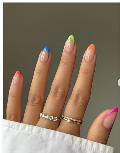 MouYouGlow Press on Nails Kurz,Almond Nude Bunt French Farbig Fake Nails Full Cover Kunstnägel mit Nagelkleber,Mandel Natural Colourful Multiple Color Acryl Künstliche Fingernägel