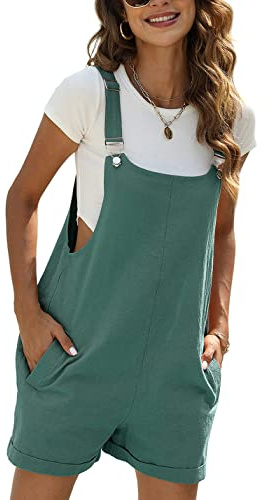 Sukany Women's Summer Casual Cotton Linen Short Overalls Adjustable Straps Bib Shortalls with Pockets Dark Green M