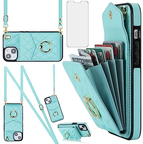 Asuwish Phone Case for iPhone 14 6.1 inch Wallet Cover with Tempered Glass Screen Protector and Wrist Strap Ring RFID Blocking Card Holder Cell iPhone14 5G i i-Phone i14 iPhone14case Women Girls Teal