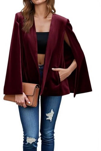 Cicy Bell Chaqueta de terciopelo para mujer, chaqueta informal de manga larga con abertura frontal abierta, Borgoña, XXL