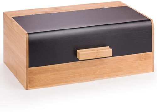 Woodluv Black Bamboo Bread Storage Box With Hinged Black Top Lid, 36 x 22 x14 cm (No Assembly Required)