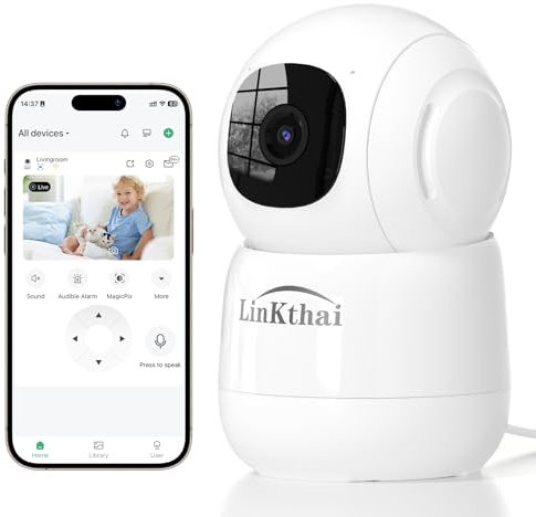 Linkthai Camera for Home Security, 2K Pet Camera with Speaker,Indoor Camera Wireless with Phone App, Auto Tracking/Super Night Vision, Cloud/SD Card Storage, 2.4 GHz, White
