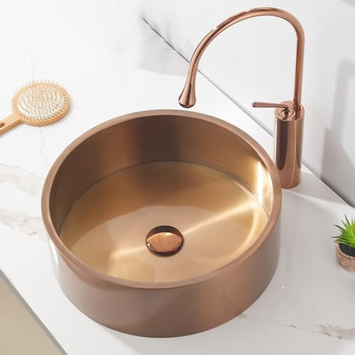 Fregadero redondo para lavabo de encimera, fregadero de baño con grifo y escurridor, fregaderos montados en encimera de acero inoxidable, fregadero de arte moderno, 16,5 LX 16,5 WX 5,5 H