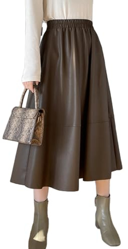 BWGHBH Gonna a Trapezio in Pelle Sintetica Plissettata da Donna Gonna Alta di Media Lunghezza da Donna con Tasche (caffè Scuro)